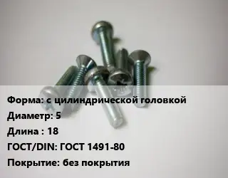 Винт с цилиндрической головкой 5х18 ГОСТ 1491-80 без покрытия